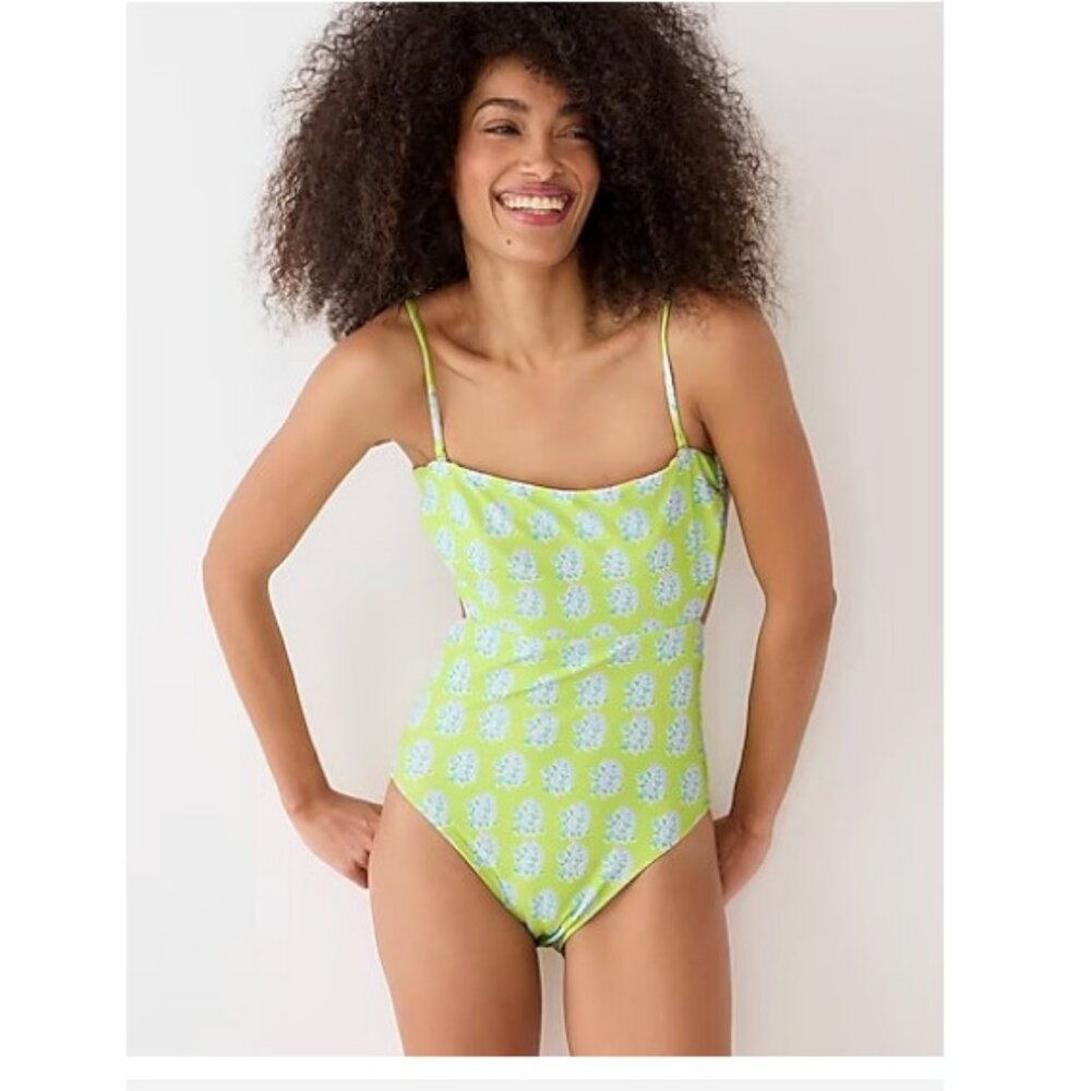 J. Crew Lime Green One-Piece Swimsuit with White Floral Motif